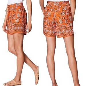 J.Jill Floral Paisley Print Boho Shorts Orange Womens Medium Tassel Drawstring‎